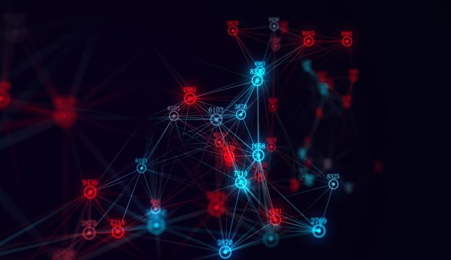 Business futuristic backdrop. Network connection structure cyberspace with moving particles and numbers. Big data visualization. Abstract cyber security background in database. 3D rendering.