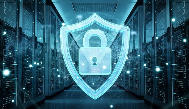 White and blue firewall activated on server room data center 3D rendering